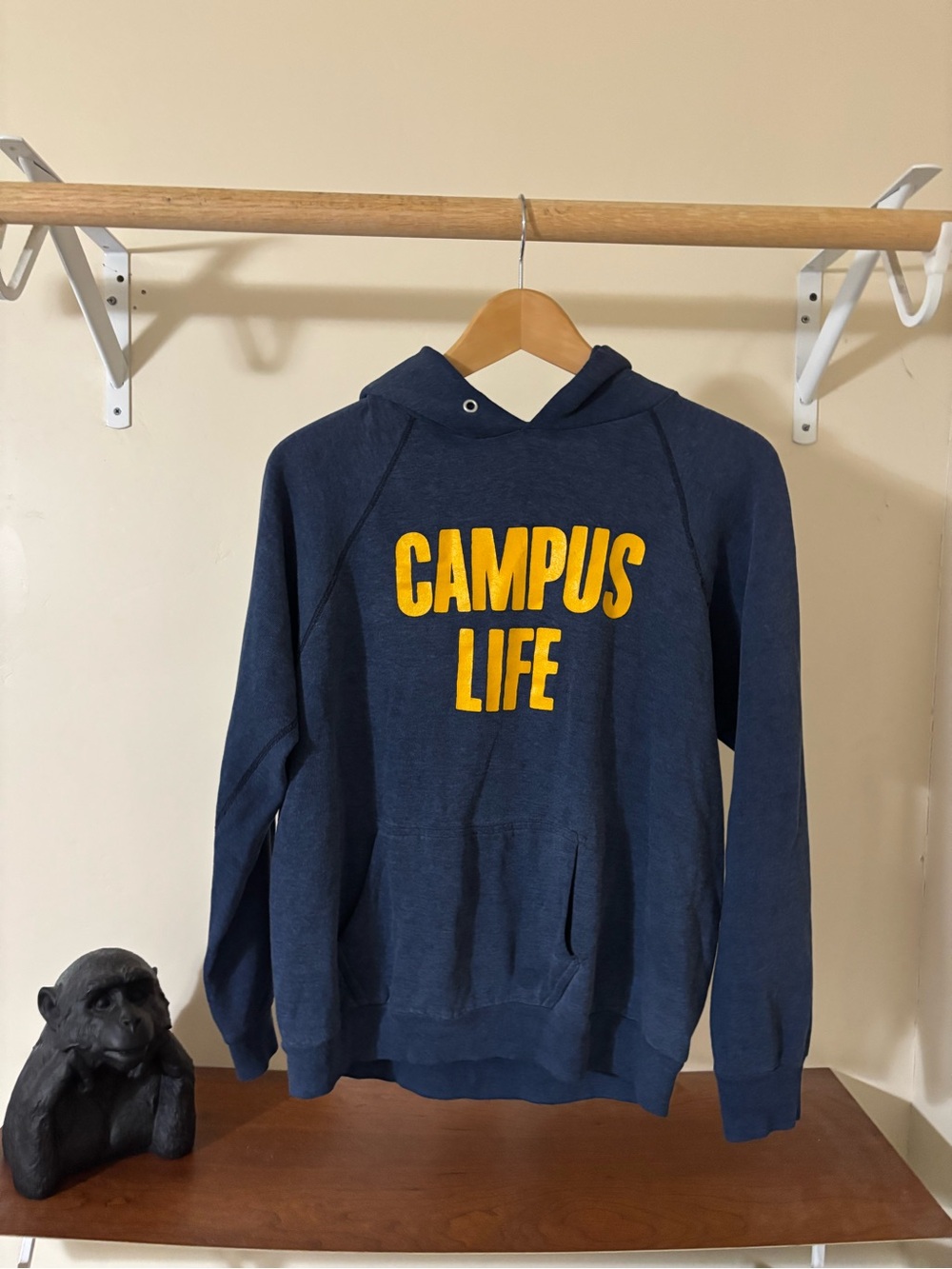 Vintage “Campus Life” Navy Hoodie Sweater with Yellow Lettering